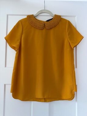 Ted Baker Mustard Braided-Collar Short Sleeve Top